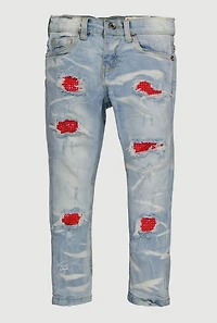 Little Boys Rhinestone Detail Patch and Repair Distressed Jeans, Blue, Size 5
