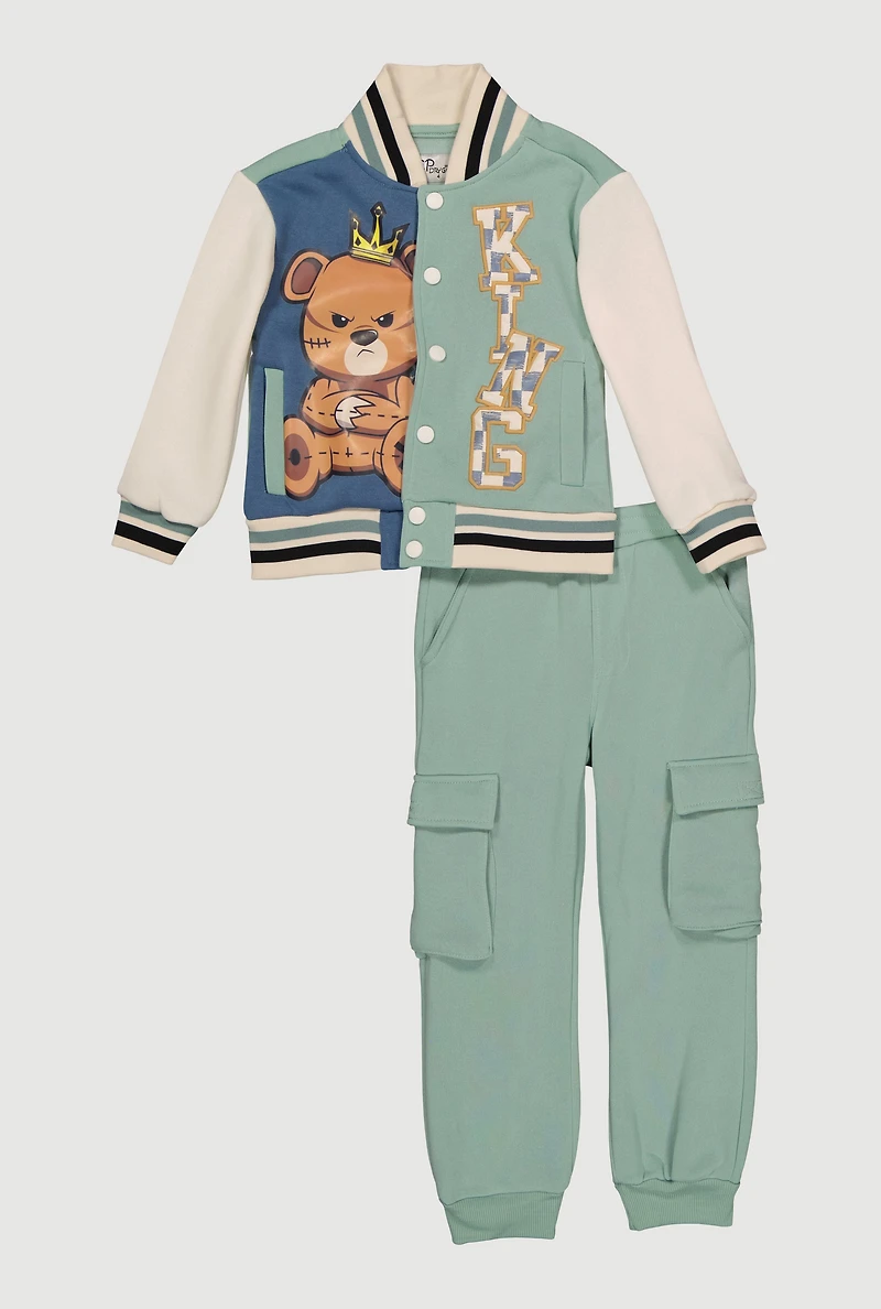 Little Boys King Graphic Varsity Jacket and Sweatpants
