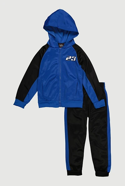 Little Boys Color Blocked 23 Graphic Zip Front Hoodie and Joggers, Blue, Size 7