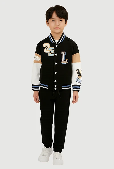 Little Boys 23 Luxury Graphic Varsity Jacket and Sweatpants, Black, Size 5-6