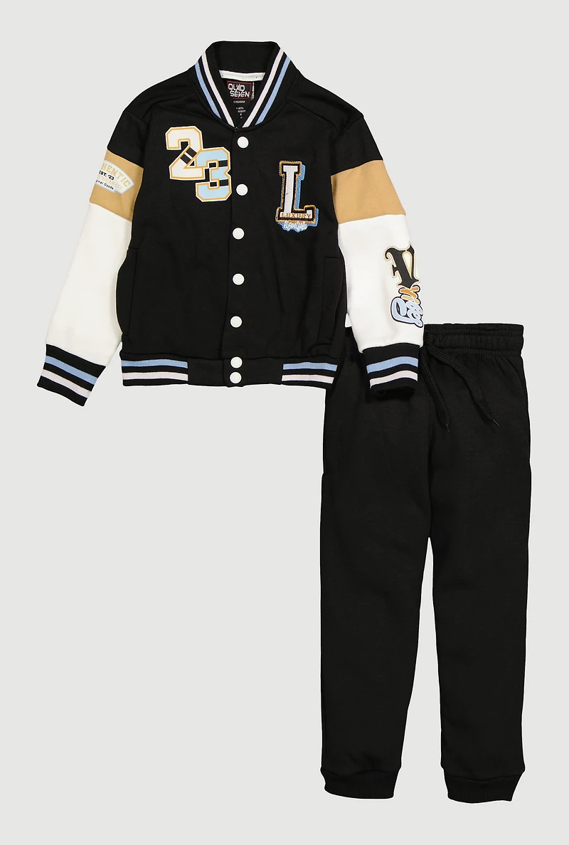 Little Boys 23 Luxury Graphic Varsity Jacket and Sweatpants, Black, Size 5-6