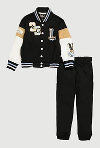 Little Boys 23 Luxury Graphic Varsity Jacket and Sweatpants, Black, Size 5-6