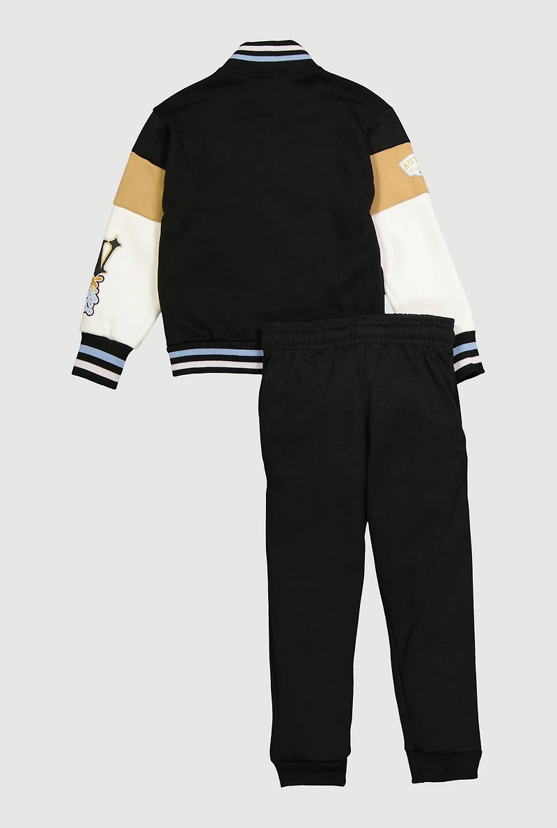 Little Boys 23 Luxury Graphic Varsity Jacket and Sweatpants, Black, Size 5-6