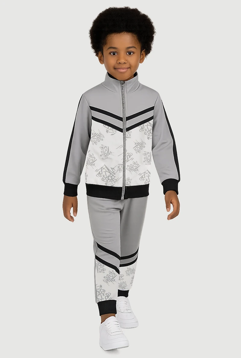 Little Boys Like A Boss Print Track Jacket and Joggers Set, Grey, Size 4