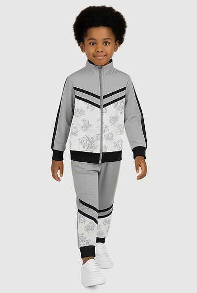 Little Boys Like A Boss Print Track Jacket and Joggers Set, Grey, Size 5-6