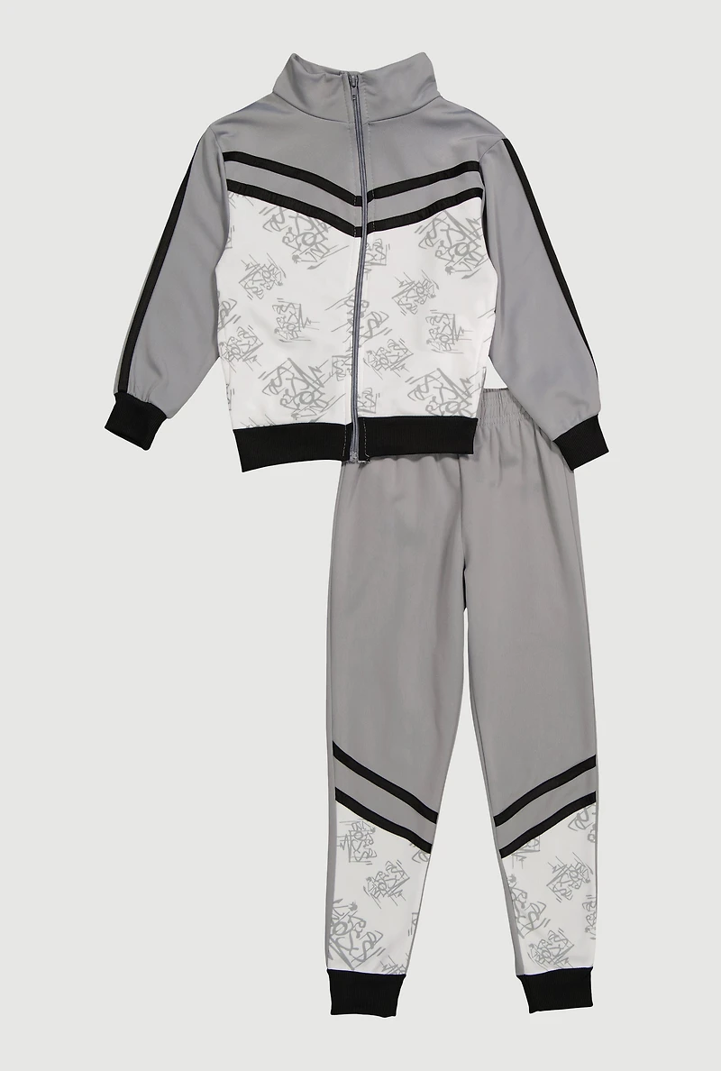 Little Boys Like A Boss Print Track Jacket and Joggers Set, Grey, Size 4