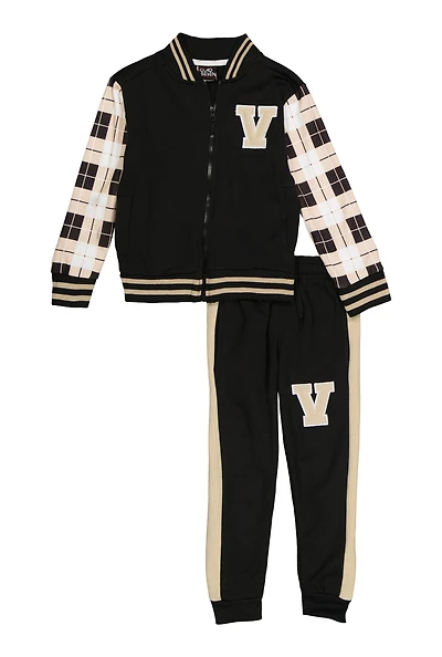 Little Boys V Initial Color Block Varsity Jacket and Joggers, Black, Size 4