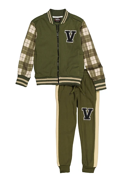 Little Boys V Initial Color Block Varsity Jacket and Joggers, Green, Size 4