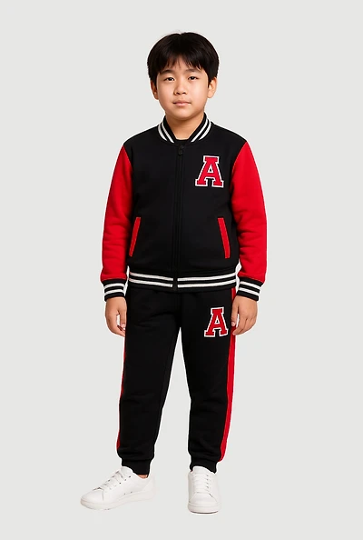 Little Boys A Patch Color Block Varsity Jacket and Joggers Set