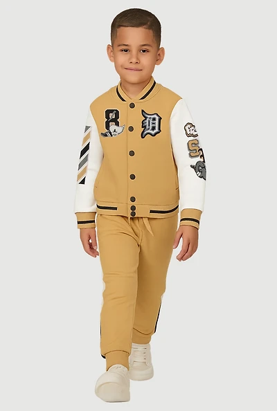 Little Boys Color Block Graphic Varsity Jacket and Sweatpants, Beige, Size 4