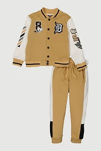 Little Boys Color Block Graphic Varsity Jacket and Sweatpants, Beige,