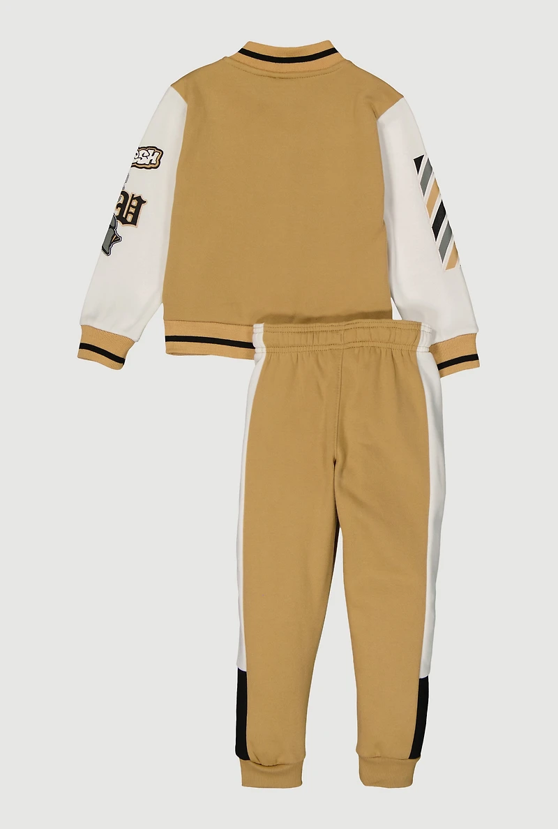 Little Boys Color Block Graphic Varsity Jacket and Sweatpants, Beige,