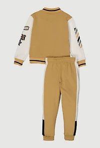 Little Boys Color Block Graphic Varsity Jacket and Sweatpants, Beige,
