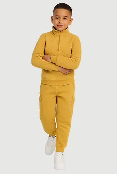Little Boys Quilted Sweatshirt and Cargo Joggers, Yellow, Size 4