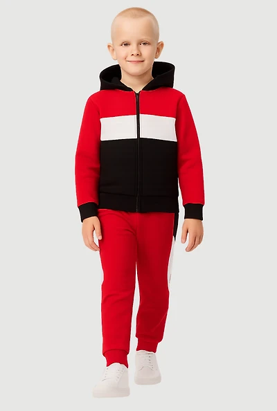 Little Boys Color Block Zip Front Hoodie and Joggers Set, Red, Size 6