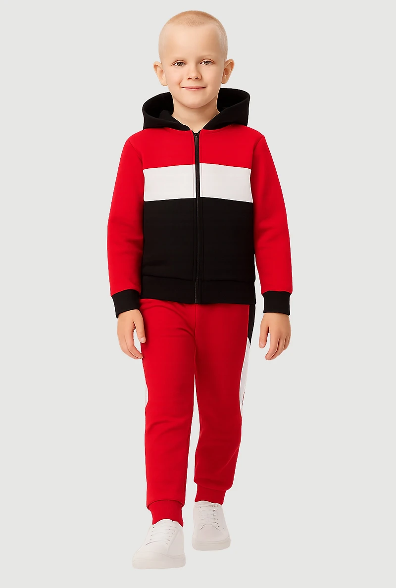 Little Boys Color Block Zip Front Hoodie and Joggers Set, Red,