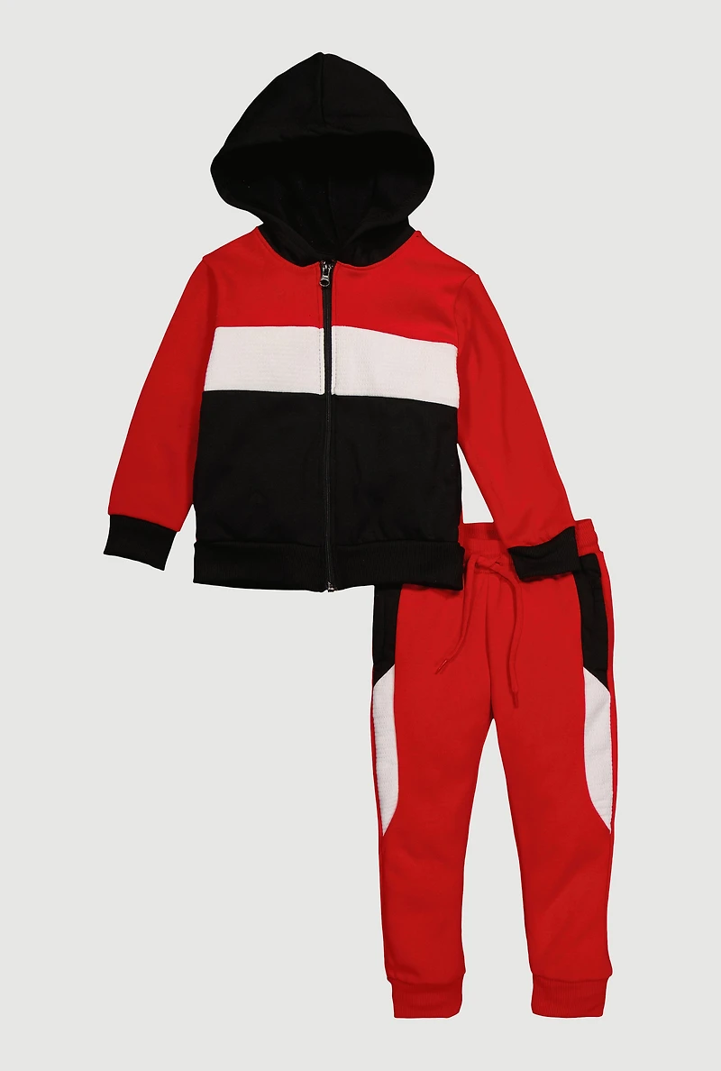 Little Boys Color Block Zip Front Hoodie and Joggers Set, Red,