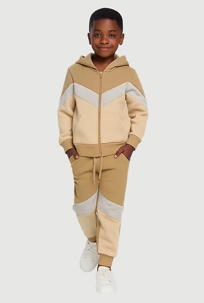 Little Boys Fleece Zip Front Hoodie and Joggers Set, Beige, Size 4