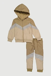 Little Boys Fleece Zip Front Hoodie and Joggers Set, Beige, Size 4