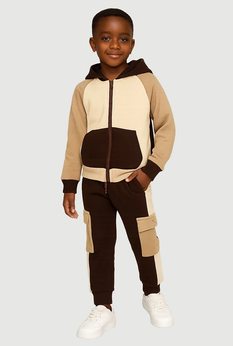 Little Boys Color Blocked Fleece Lined Hoodie and Cargo Joggers