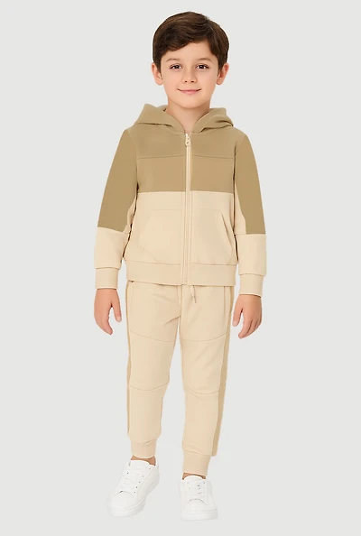 Little Boys Color Blocked Fleece Lined Hoodie and Moto Joggers, Beige,