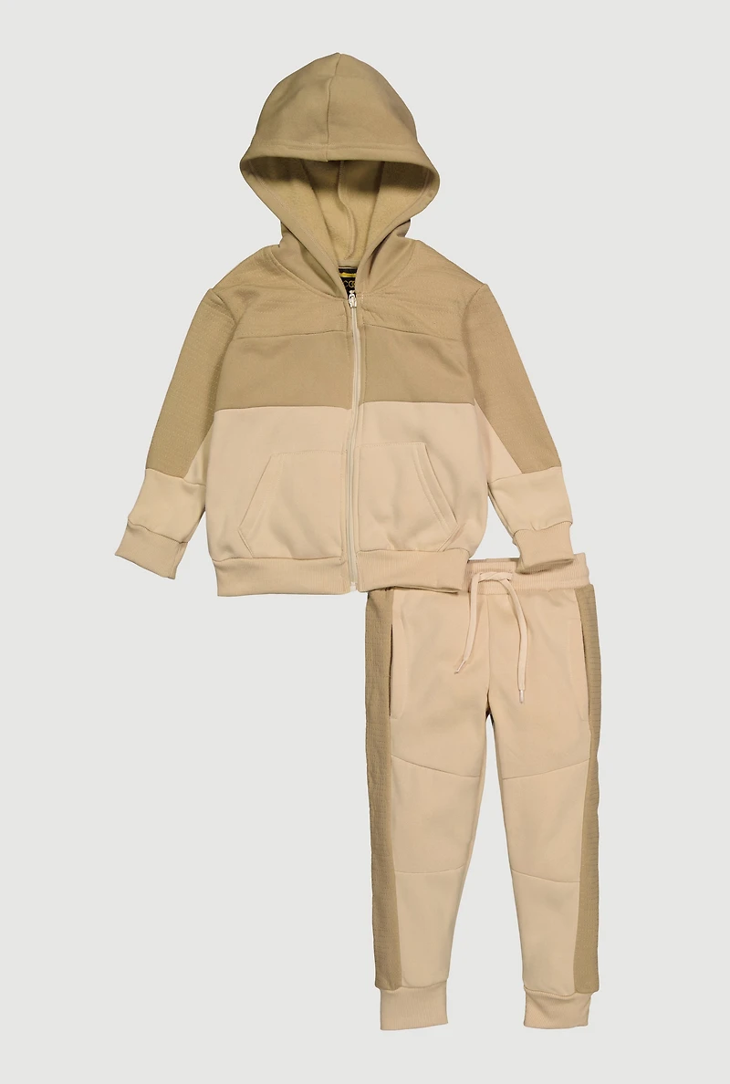 Little Boys Color Blocked Fleece Lined Hoodie and Moto Joggers, Beige,