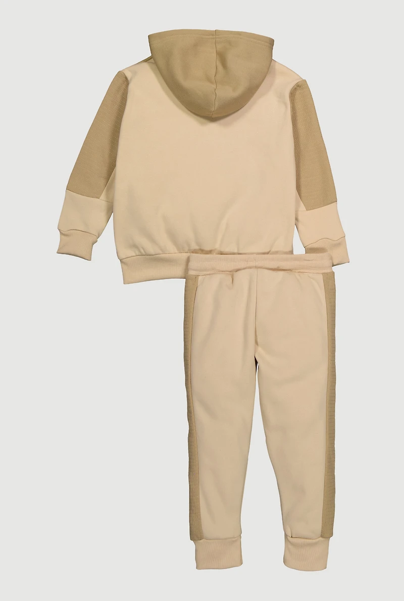 Little Boys Color Blocked Fleece Lined Hoodie and Moto Joggers, Beige,