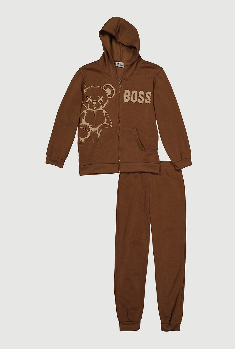 Boys Boss Bear Embossed Zip Front Hoodie and Joggers