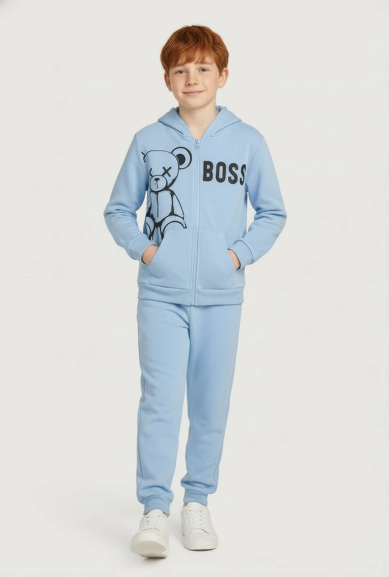 Boys Boss Bear Embossed Zip Front Hoodie and Joggers