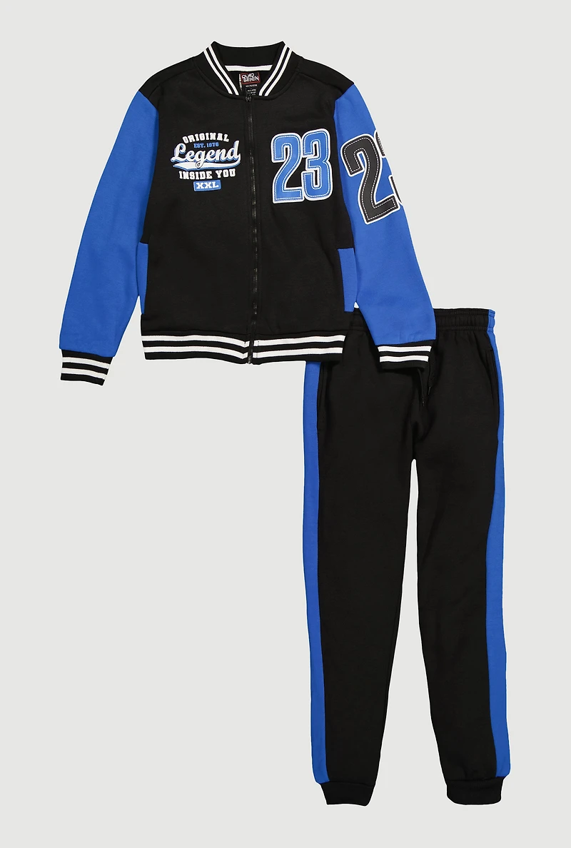 Boys 23 Graphic Zip Front Varsity Jacket and Joggers, Blue, Size 8-10