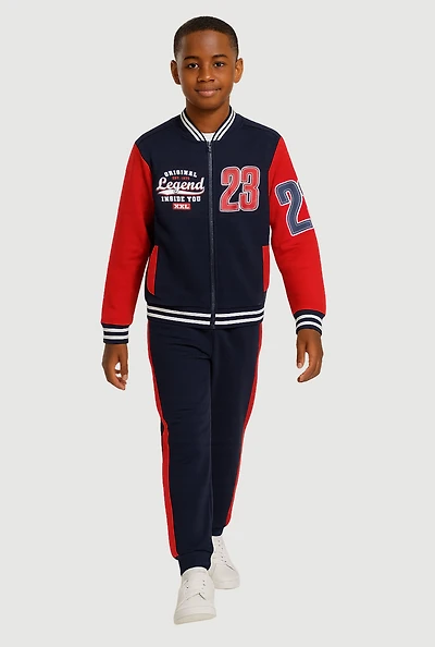 Boys 23 Graphic Zip Front Varsity Jacket and Joggers, Red, Size 12-14