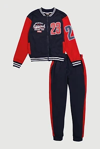 Boys 23 Graphic Zip Front Varsity Jacket and Joggers, Red,