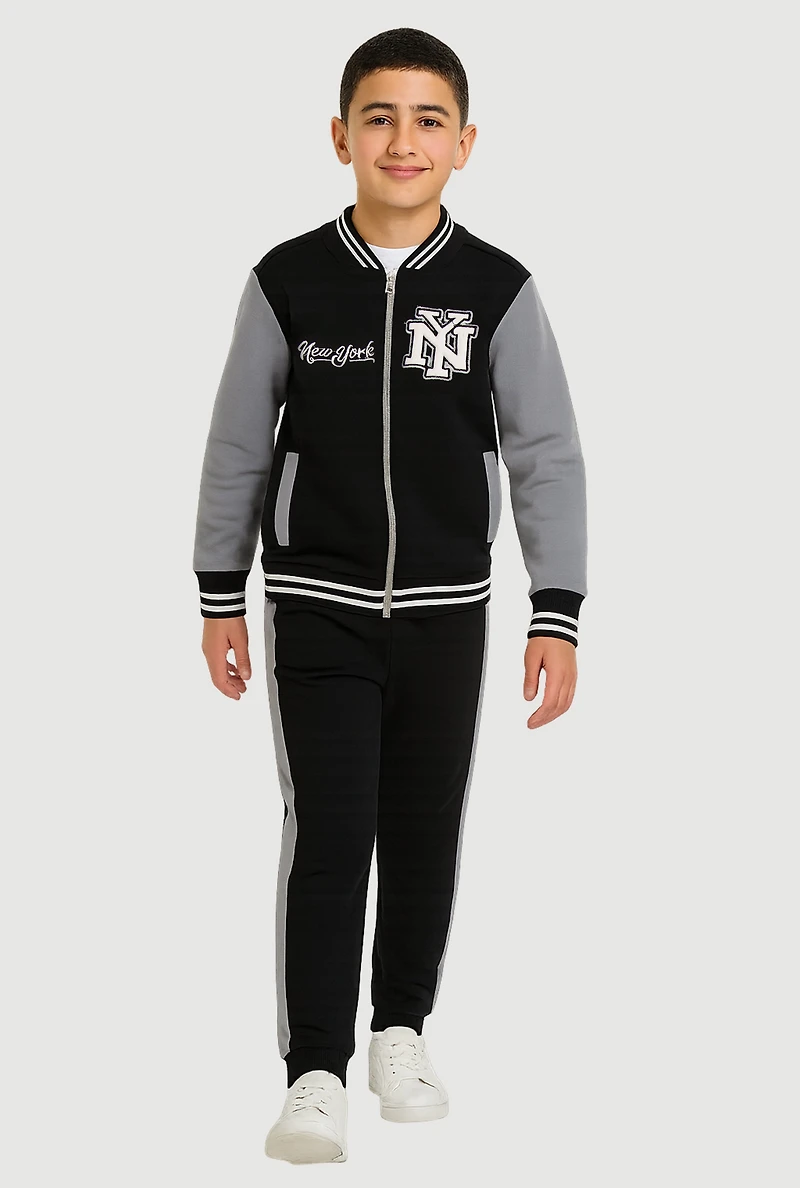 Boys City Graphic Zip Front Varsity Jacket and Joggers, Black, Size 16-18