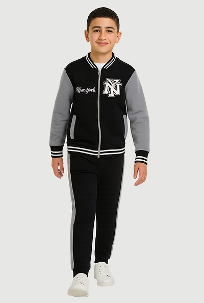 Boys City Graphic Zip Front Varsity Jacket and Joggers, Black, Size 16-18