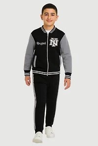 Boys City Graphic Zip Front Varsity Jacket and Joggers, Black, Size 16-18