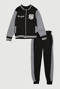 Boys City Graphic Zip Front Varsity Jacket and Joggers, Black, Size 16-18