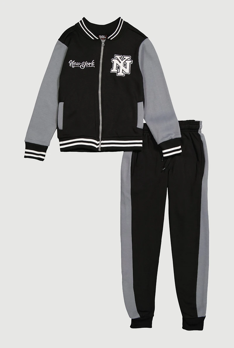 Boys City Graphic Zip Front Varsity Jacket and Joggers, Black, Size 8-10