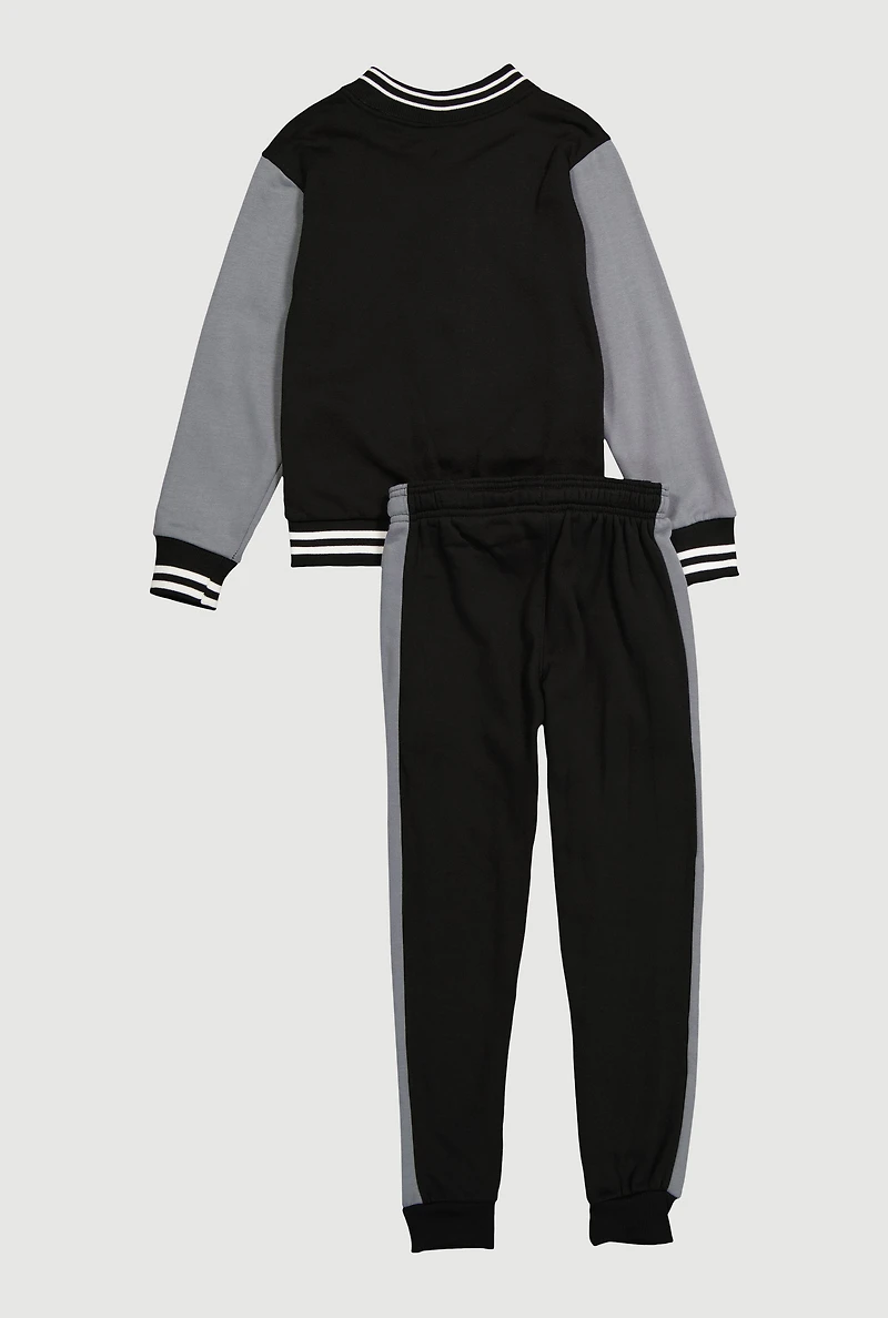 Boys City Graphic Zip Front Varsity Jacket and Joggers, Black, Size 16-18
