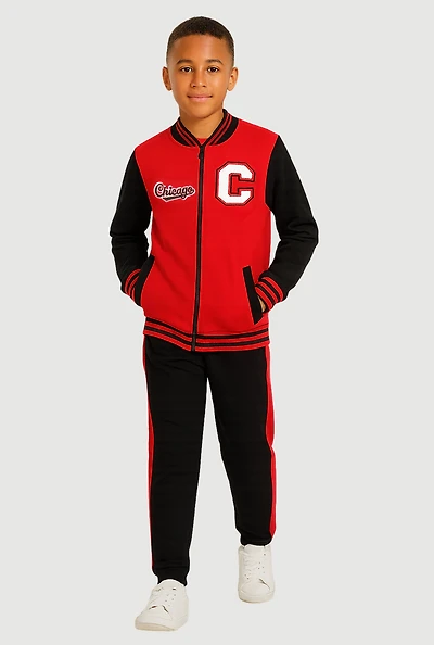 Boys City Graphic Zip Front Varsity Jacket and Joggers, Red, Size 8-10