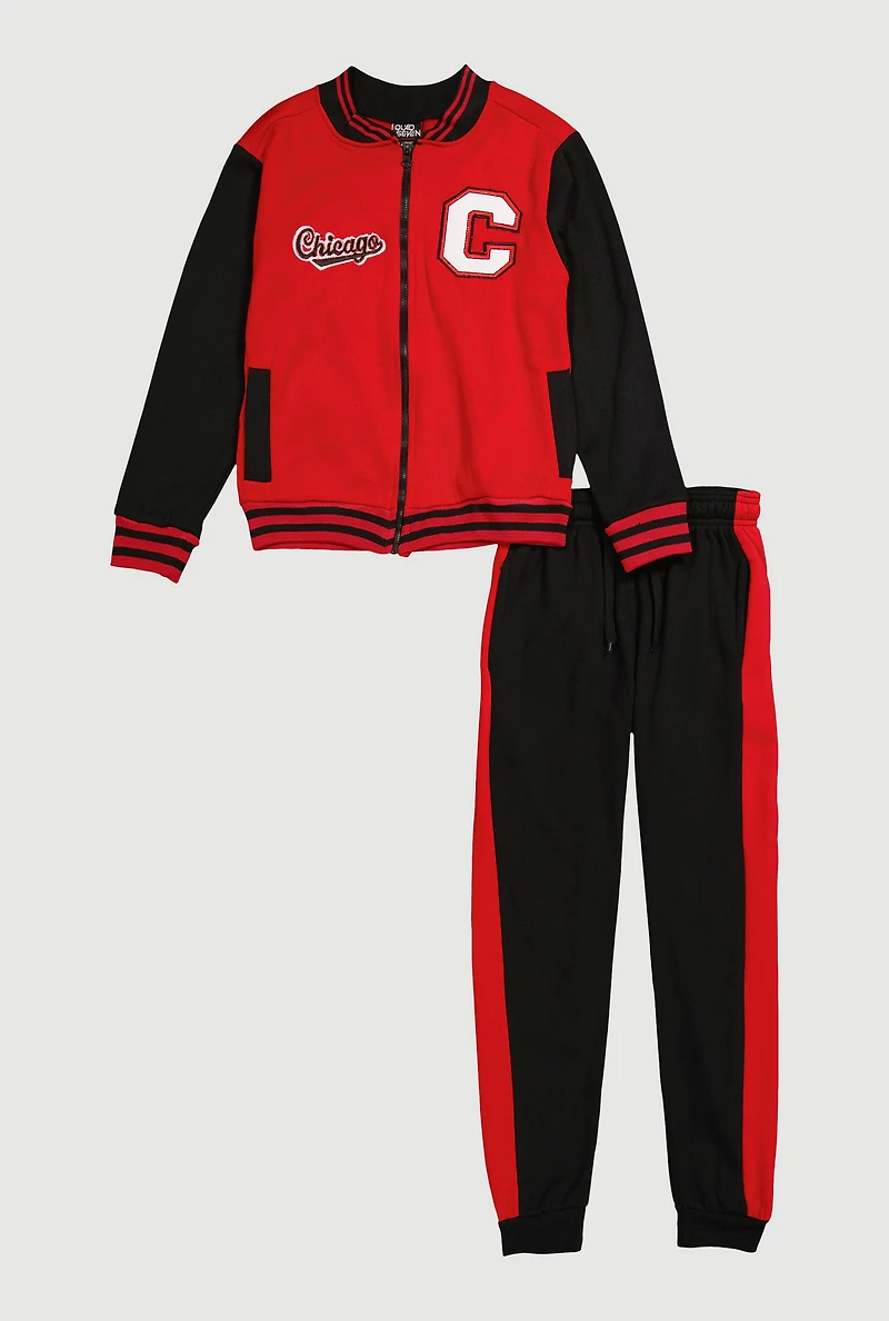 Boys City Graphic Zip Front Varsity Jacket and Joggers, Red, Size 8-10