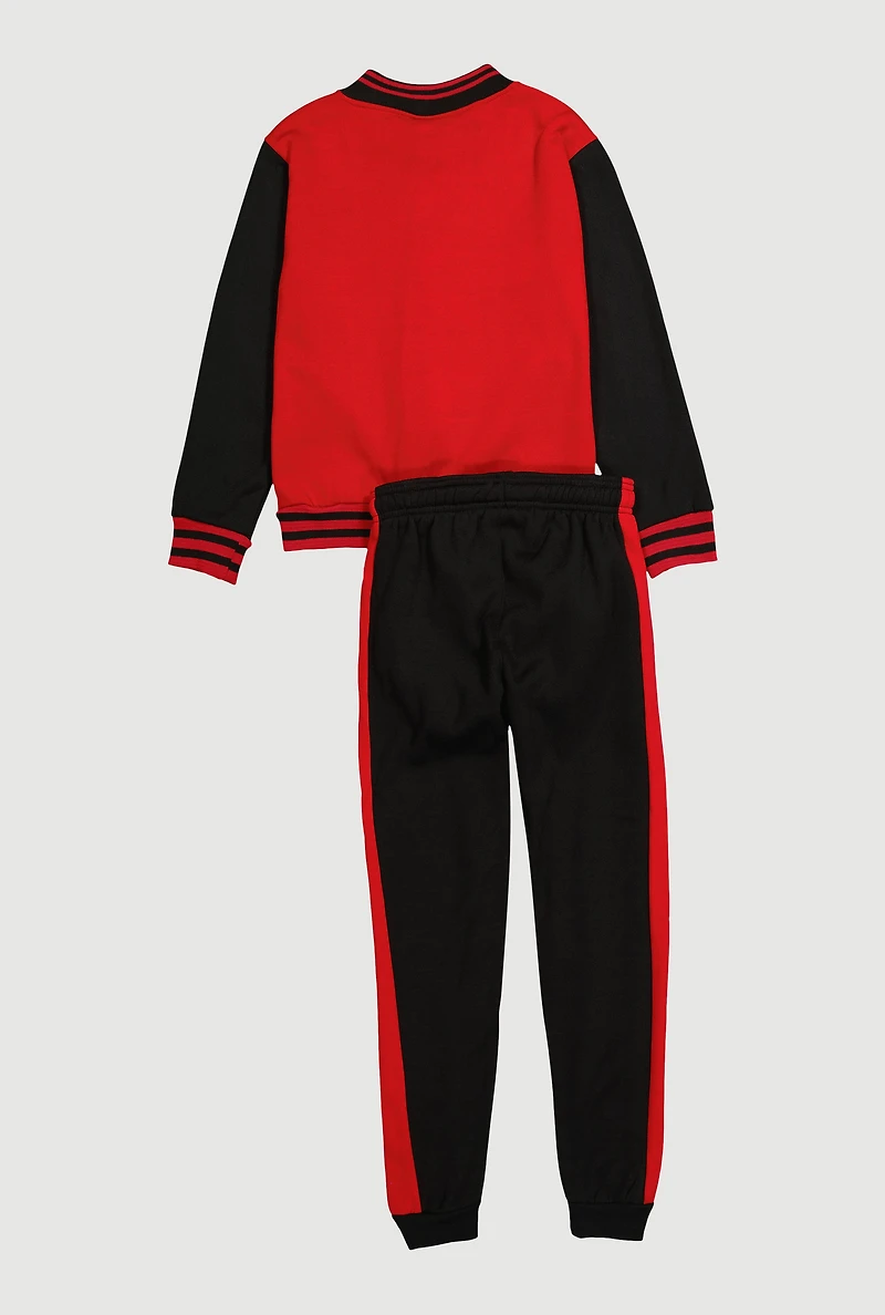Boys City Graphic Zip Front Varsity Jacket and Joggers, Red, Size 8-10
