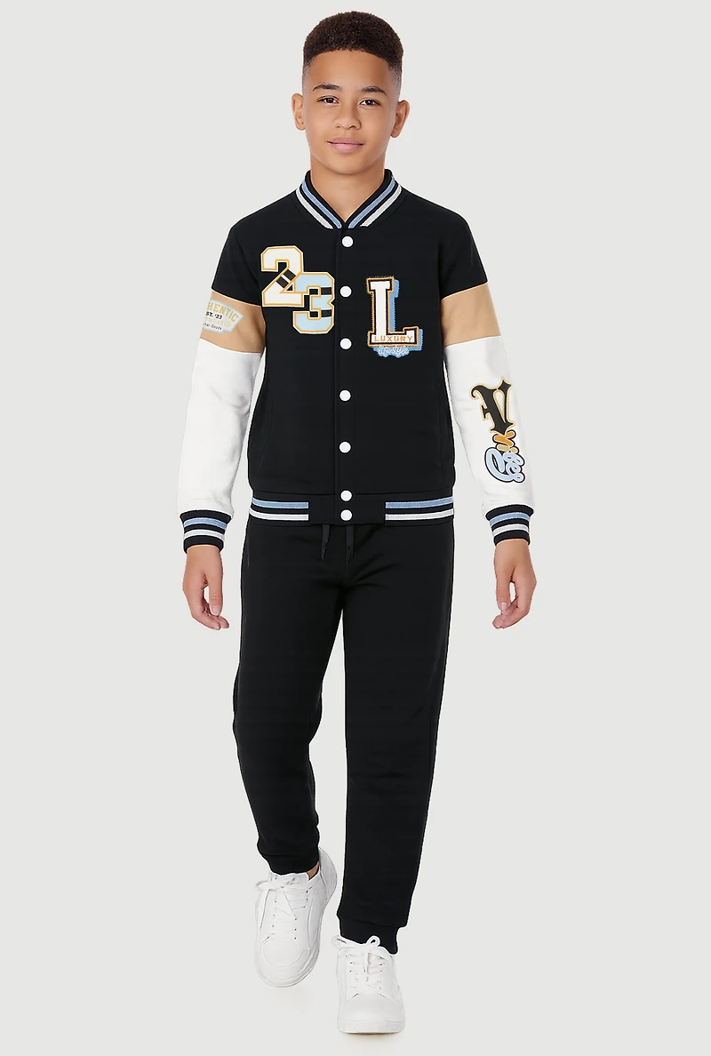 Boys Luxury Graphic Varsity Jacket and Joggers, Black, Size 16-18