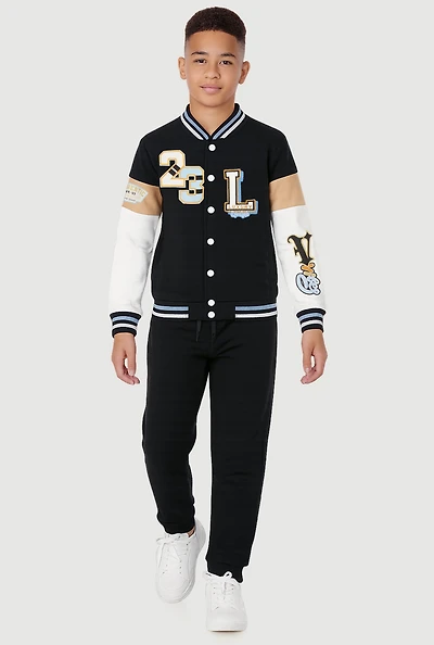 Boys Luxury Graphic Varsity Jacket and Joggers, Black, Size 8-10