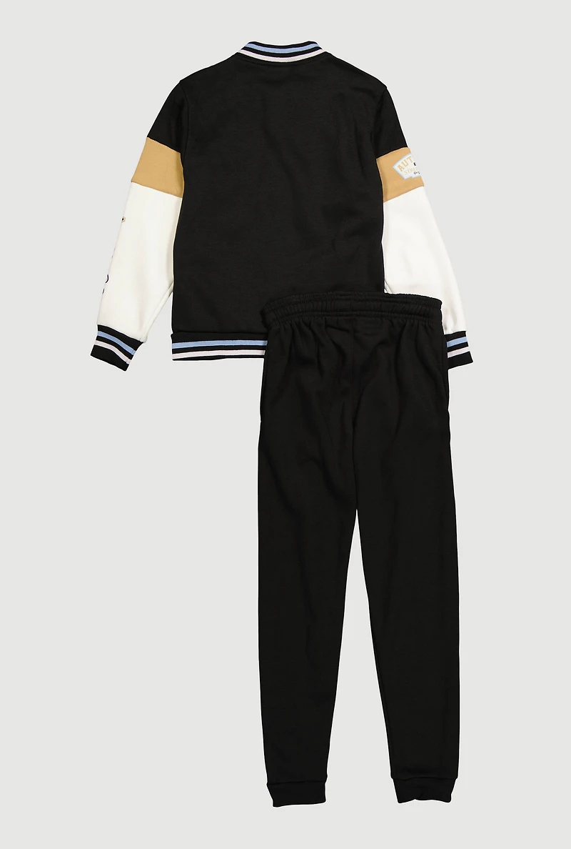 Boys Luxury Graphic Varsity Jacket and Joggers, Black, Size 16-18