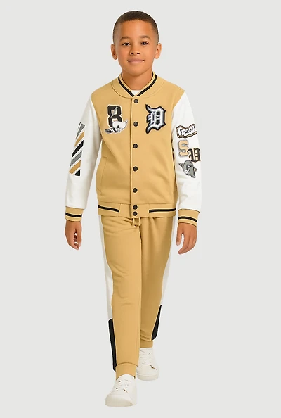 Boys Graphic Baseball Jacket and Joggers, Beige,