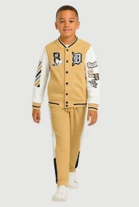 Boys Graphic Baseball Jacket and Joggers, Beige,