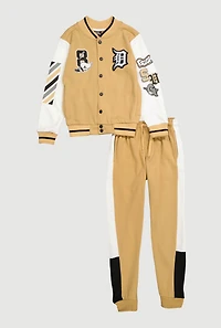 Boys Graphic Baseball Jacket and Joggers, Beige,