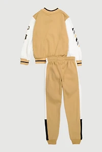 Boys Graphic Baseball Jacket and Joggers, Beige,