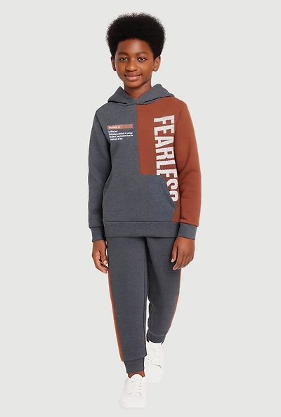 Boys Color Blocked Fearless Graphic Hooded Sweatshirt and Joggers, Grey, Size 8-10