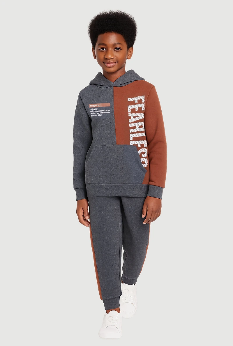 Boys Color Blocked Fearless Graphic Hooded Sweatshirt and Joggers, 12-14